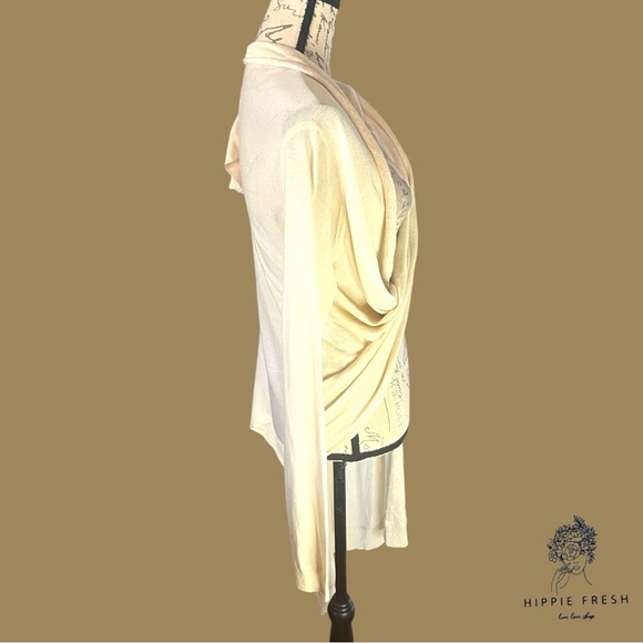 DKNY Women's Long-Sleeve Drape-Front Cream Silk & Cashmere Blend Cardigan PS - Picture 8 of 11